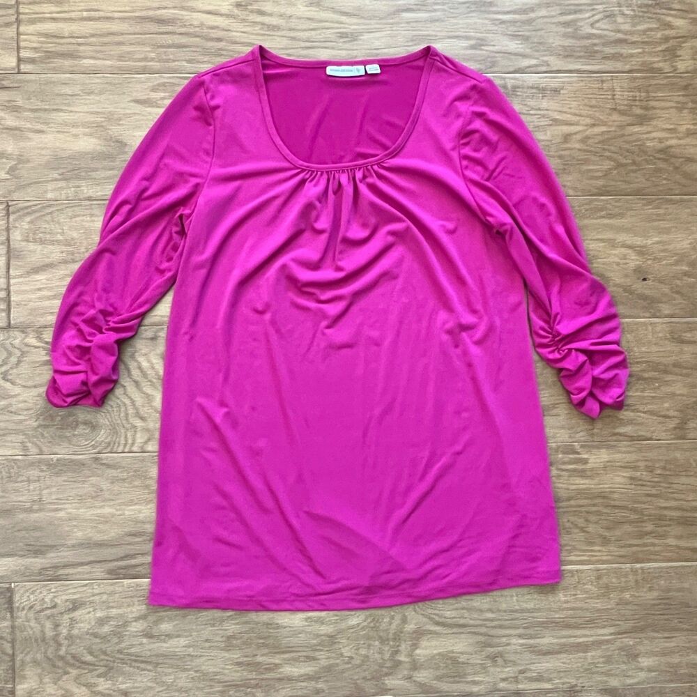 Susan Graver Liquid Knit Ruched Sleeve Tunic Size XS Fuchsia Pink 3/4 Sleeve